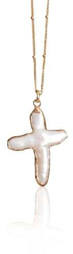 FloralGrace 1 Stück Kreuzkette Gold mit Barock Perlen, Rosenkranz Kette aus Süßwasserperlen, Christlicher Schmuck für Damen und Herren (Gold)