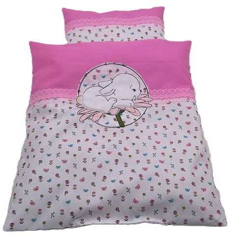 Generisch Puppenbettwäsche Hüpfer weiß Blumenprint mit Stickerei, Decke 40 h x 33 b, Kissen 18h x 23 b in cm für Puppenwagen- Bett oder Tragekorb