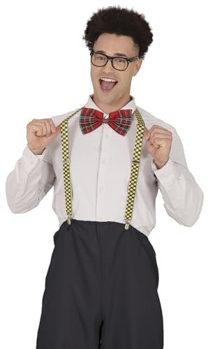FIESTAS GUIRCA | Nerd Set mit Brille, Fliege und Hosenträger - Zubehör für 50er Jahre Kostüm und Weltkulturen - Ideal für Partys und Feiern - Unisex für Erwachsene - Mehrfarbig