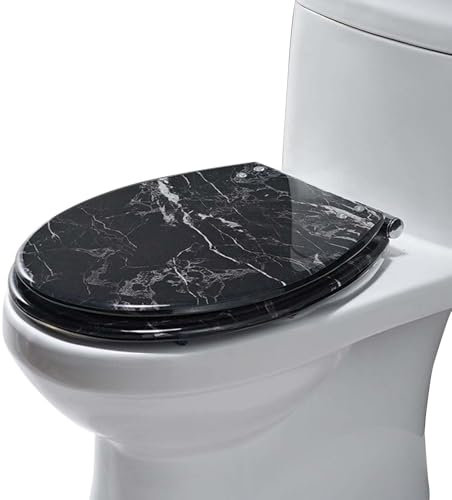 Blazea Marble Texture Toilet Seat Decorative, White Black Resin Commode Seat with Cover, Quietly Slow Close Toilet Cover, Modern Home Commode Seat(Black Marble)