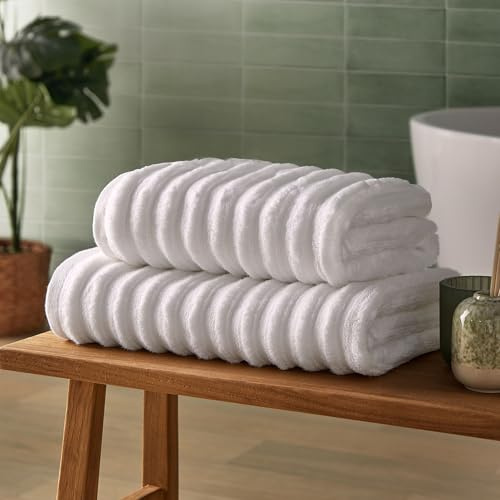 Silentnight Ribbed Cotton 2x Bath Sheet - Luxuriously Soft & Super Absorbent Deep Thick Pile Towel - 100% Cotton BCI - Textured Dense Ribbed Bath Sheet - 160 x 90cm, Machine Washable, White, 2 Pack