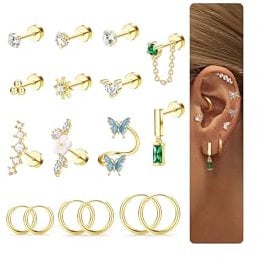 MILACOLATO 17 Stück Helix Piercings Chirurgenstahl Ohrringe Gold Creolen Tragus Piercing Ohr Gold Ohrstecker Silber Hypoallergen Klein Creolen Ohrringe Set Conch Piercing Ohr Schmuck-g