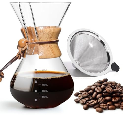 Yopinmall Pour Over Coffee Maker, 6 Cup Borosilicate Glass Drip Coffee Maker with Reusable Stainless Steel Filter and Cork Grip for Home Café 600 ML