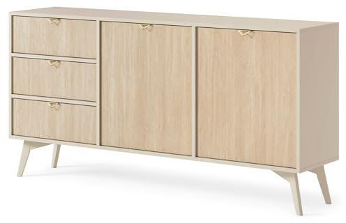 Easy4You Kommode F1 Sand 158x80x38 cm (B x H x T) mit 3 Schubladen und 2 Türen Sideboard Ideal für Wohnzimmer, Schlafzimmer Moderne Elegante Schubladenschrank mit Fuß
