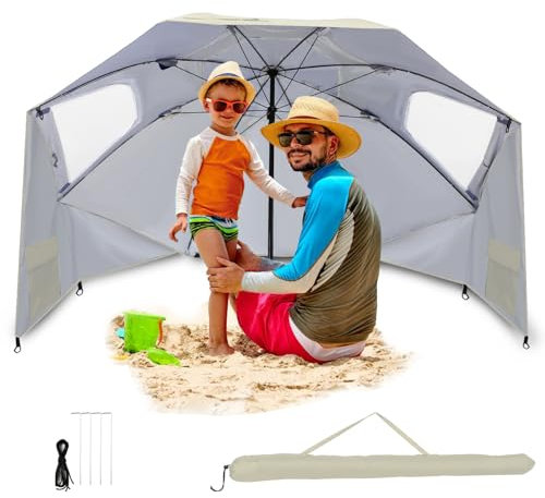 Joparri Sonnenschirm Strandmuschel 2 in 1 Schirm für Strand Garten 2-4 Personen, UV50+ Sonnenschutz, Multi-Purpose Umbrella Ø210x220cm mit Fenster und Tragetasche, Faltbar, Khaki
