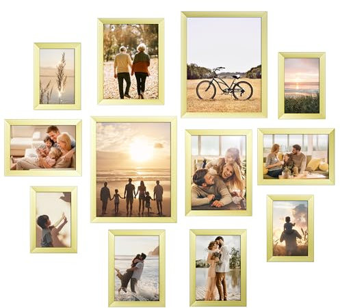 12 Pack Picture Frames Collage Gallery Photo Frame Set for Mounting or Tabletop Display, Photo Frame Set Multi Sizes Including Four 4x6, Four 5x7, Two 6x8, Two 8x10 Inch for Wall Decor, Family (Gold)