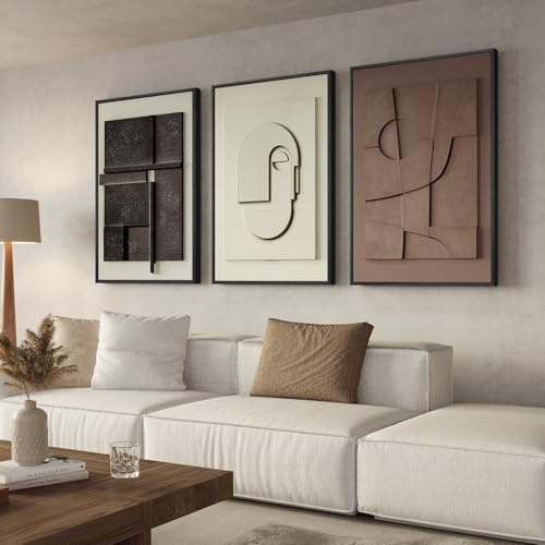 Arte de pared abstracto enmarcado con textura 3D para sala de estar, 3 piezas de arte moderno neutro para paredes, pintura geométrica con textura de arenisca marrón y blanca para dormitorio