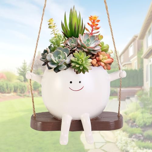 AUNGCSHE Blumentopf Hängend, Smiley Blumentöpfe Zum Aufhängen, Blumentopf mit Gesicht Mit Ablaufloch, für Die Lnnen und Außendekoration Sowie Gartendekoration(Weiße Single)
