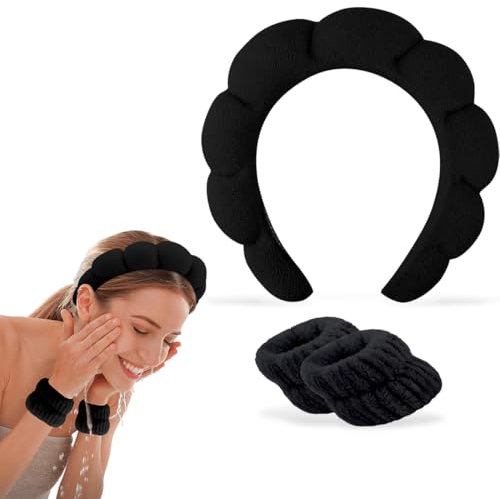 Damen Spa Stirnband Haarband Make up Haarband Weicher Schwamm Hautpflege Haarreifen Kosmetik Haarschmuck zum Waschen des Gesichts Make up Abschmink, Dusche, Hautpflege (Schwarz)