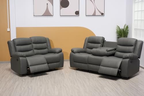 Grey Leather Manual Recliner 3+2+1 Seater Sofa with Dropdown Table & Cupholders - Recliner Sofa Set For Living Room (3+2)