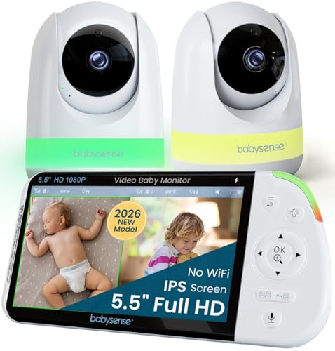 Babysense Full HD Split-Screen Baby Monitor with 2 PTZ Cameras, Two-Way Talk, 6-Color Night Light, 5000mAh Battery, Long Range, 4x Zoom, and Crystal-Clear Audio