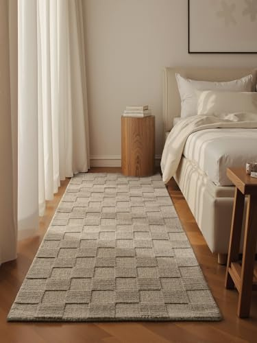 Villeroy & Boch Wollteppich Scala - Natur Wohnzimmerteppich - Handgewebt & Natürlich - Wolle 3D Effekt Kariert Hoch-Tief-Effekt für Wohnzimmer, Schlafzimmer, Esszimmer, Flur - Grau Beige, 80x200cm