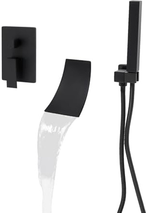 3 Loch Wannenrandarmatur Wasserfall Wandmontage,Badewannenarmatur mit Handbrause und Brausehalter,Armatur Unterputz, Einhebelmischer, Messing,3-Loch Badewannen Armaturen Set