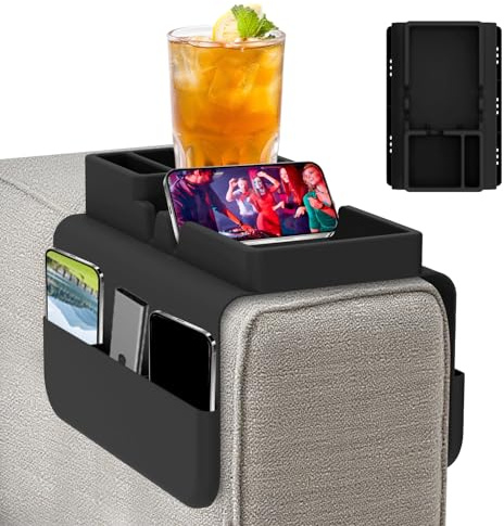 Jokapy Plateau de canapé antidérapant avec porte-gobelet et poche latérale, en silicone, organiseur de canapé pour tasse, téléphone, collations (noir)