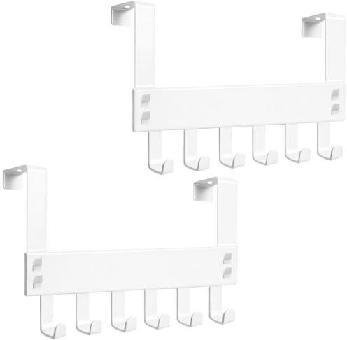 pangutheos Over Door Hooks, Heavy Duty, 2 Pack, 6 Hooks (White) | Over Door Hanger with Rust Resistant, Stainless Steel Door Coat Hanger Storage for Outerwear, Towels, Bags, Bathrobes
