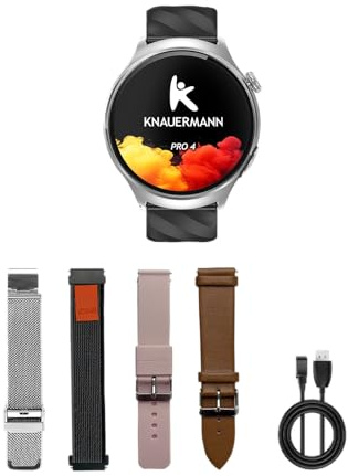 Knauermann PRO 4 (2026) Rund Silber- EKG Gesundheitsuhr Blutdruck, Puls und Schlafanalyse, Telefonie, IP67, Exklusivpaket mit 4 Armbändern
