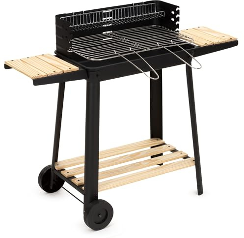 Holzkohlegrill Grillwagen mit Drehspieß Höhenverstellbarer Grillrost Mobiler BBQ Grill mit Rollen Seitenablagen Warmhalterost Gartengrill Barbecue für Terrasse Camping SPRINGOS