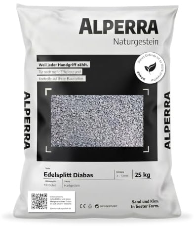 ALPERRA Diabas Ziersplitt 2-5 mm 25 kg grau für Garten & Dekoration | Natürlicher Diabas Splitt für Garten, Pflanzgefäße, Wege, Grabgestaltung, Hochzeiten und moderne Dekoration.