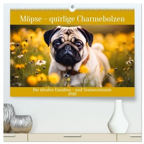 Möpse - quirlige Charmebolzen (hochwertiger Premium Wandkalender 2026 DIN A2 quer), Kunstdruck in Hochglanz: Die idealen Familien - und Seniorenhunde (CALVENDO Tiere)