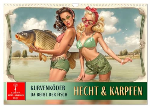Hecht und Karpfen - Kurvenköder, da beißt der Fisch (Wandkalender 2026 DIN A3 quer), CALVENDO Monatskalender: Angelrute & Nostalgie - tolle Fische & reizende Frauen. (CALVENDO Sport)