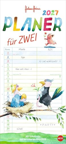 Helme Heine: Planer für zwei 2027: Wandkalender 2027 zum Eintragen mit Schulferien und 3-Monats-Vorschau. Partnerkalender 2027 mit den tierischen drei Freunden von Mullewapp im Format 16 x 34,7 cm