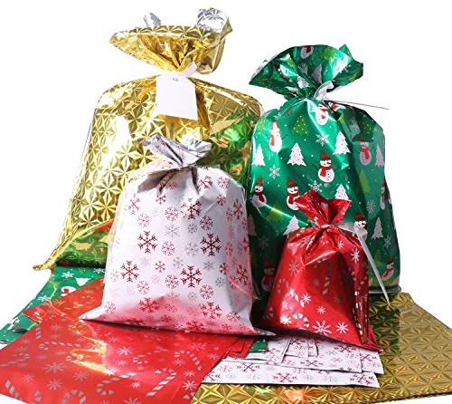 Christmas Bags, 40Pcs Santa Wrapping Gift Bag in 4 Sizes and 4 Designs, with Ribbon Ties and Tags