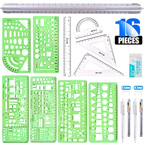 Glarks 16 Stück Messschablonen Bauschalung Schablonen Geometrische Zeichnungslineale und Dreieckige Architekten Skala Lineal mit Bleistift, Bleistiftminen Nachfüllungen, Radiergummi für Büro und