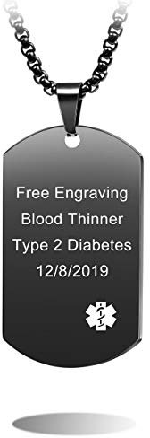 MOWOM Medical Personalisierte Halskette mit ID-Anhänger aus Edelstahl SOS Medizinische Notfallkette für Männer Frauen mit Notfallkarte - A1: Black Vertikal