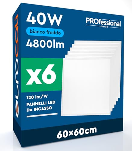 Eurocali 6 Dalles LED 60x60 40W Carrés à Encastrer 4800 Lumens - Lumière Froide 6500K - Plafonnier de Bureau Haute Luminosité 120 lm/W Lampe de Plafond pour Faux Plafonds Modulaires