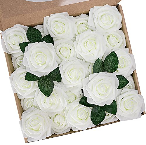 N&T NIETING Künstliche Blumen Rosen, 25 Stück Deko Blumen Fake Rosen mit Stielen, Künstliche Schaumstoffrosen Dekoration für DIY Hochzeit, Arrangements Party Home Dekorationen, Elfenbeinweiß