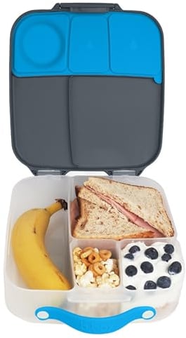 b.box Brotdose Kinder mit Fächern | Jumbo Bento Box mit 4 Fächern (2 Auslaufsicher), Herausnehmbarer Trennwand, Gel-Kühlakku | Schul Lunchbox Ab 3, 2L