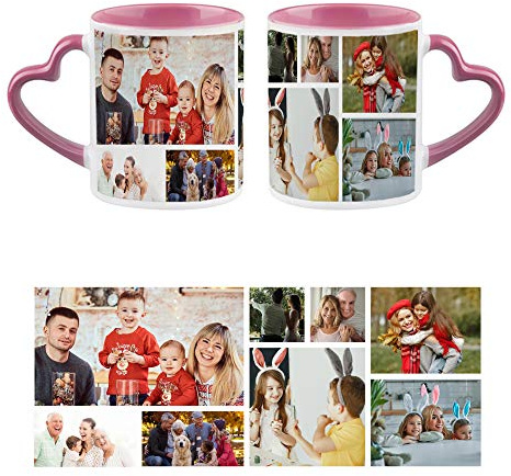Personalised with Eight Photos/Multi Photo Printed Collage Mug, Novelty, Pink Colour Heart Handle Ceramic Mug, Memorable Gift Ideas for Family, Friends, Birthday, Any Special Occasion. (8 Photos)