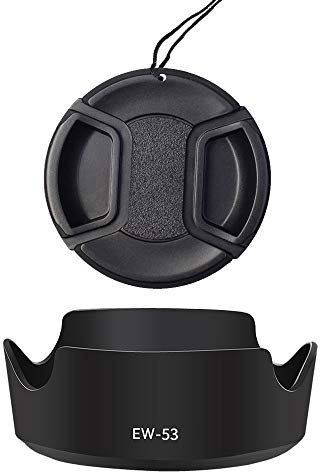 Parasol para lente EW-53 y tapa de lente de 49 mm compatible con Canon M50 M5 M10 M6 kit EF-M 15-45 mm F/3.5-6.3 STM IS lente (paquete de 1+1)