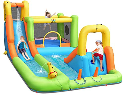 COSTWAY Inflatable Bouncy Castle, Jumper House Water Park with Double Slides, Water Gun, Basketball Hoop and Splashing Pool