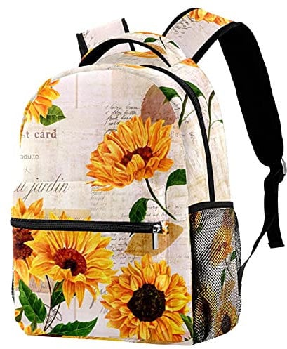 Leisure Daypacks Campus Travel Backpacks, Sunflower Yellow Flower Bloom Pattern Bags with Bottle Holder for Girls Boys