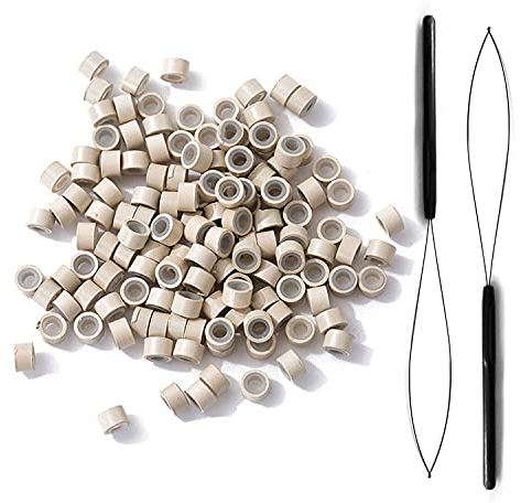 300 Stück 5mm Silikonfutter Kettenglieder, Glieder zum Verkleben von Echthaarverlängerungen und 2 Stück Haarverlängerung Schlaufennadeleinfädler für Haarverlängerungen oder Haarverlängerungen (blond)