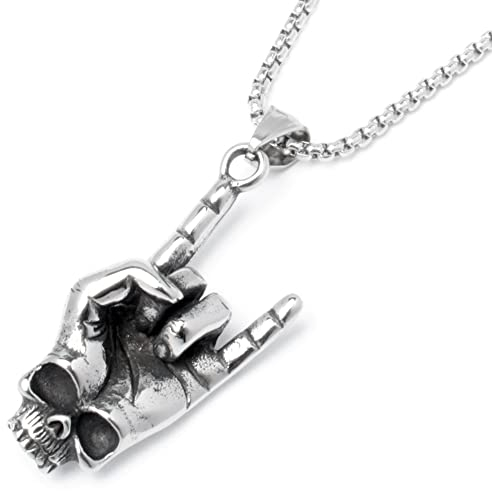 Schmuck-Checker Heavy Metal Hand mit Skull Devil Horns Pommesgabel Mano Cornut 316L Edelstahl Halskette Rocker Rockstar Kettenanhänger