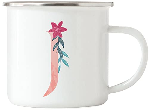 Hey!Print Buchstaben-Tasse J Emaille Tasse mit Buchstabe Alphabet Monogramm Blumenmotiv Geschenkidee Anfangsbuchstabe
