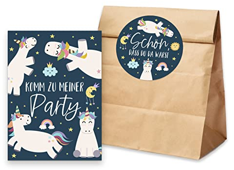 Nastami 10 x Einladungskarten Kindergeburtstag Einhorn + 10 Tüten inkl. Sticker Mitgebsel Kindergeburtstag (Einhörner)