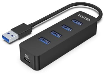 UNITEK Active Hub 10W mit integriertem 15cm Kabel mit USB-A Stecker Ports 4xUSB-3.1 und 1xUSB-C 5V2A Sofortige Datenübertragung von bis zu 5 Gbps und sicheres Aufladen Plug and Play