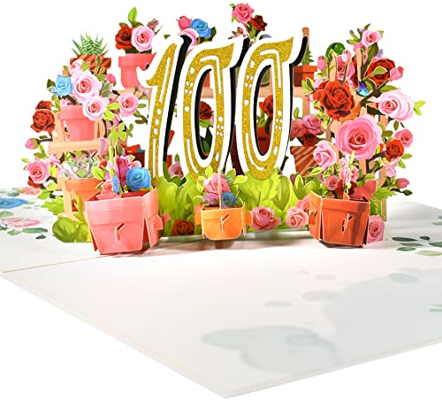 GREETING ART 100. Geburtstagskarte, Pop-up-Karte zum 100 Jahrestag,Blume Pop Up Grußkarten, 3D Pop Up Karte Geburtstag Grußkarte für Frauen Mütter Ehefrau Männer Freunde Romantik Geschenk-Karte