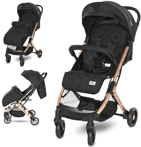 Lorelli Kinderwagen Fiorano, Reisebuggy, Baby Buggy klein zusammenklappbar, leicht, nur 7,5 kg, kompakter Sportsitz bis 15kg, Kinderbuggy mit Einhand-Klappsystem und Zusatzgriff zum Ziehen, schwarz