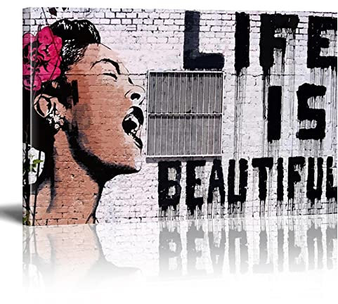 Banksy Bilder Life is Beautiful Banksy Wandbilder XXL Leinwand-Bild Graffiti Street Art Modern Bild für Wohnzimmer Büro fertig Home Wanddekoration zum Aufhängen Mit Rahmen（70×150cm）27.6×59.1 Zoll