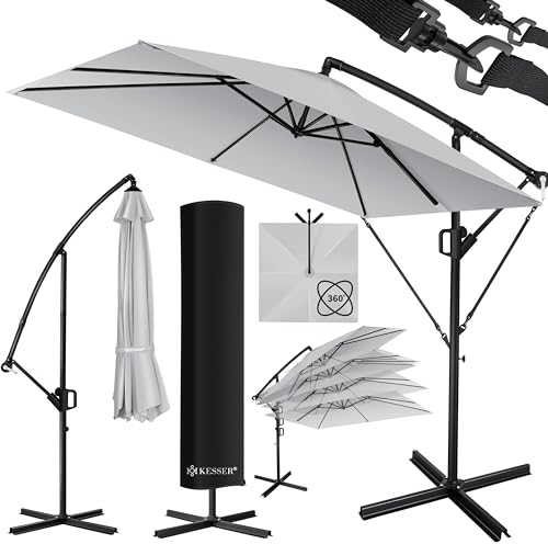 KESSER® Ampelschirm Holly Sonnenschirm Rechteckig inkl. Abdeckung mit Kurbel | Kurbel-Schirm mit Ständer UV-Schutz Aluminium Wasserabweisend Ø350cm Gartenschirm Marktschirm Hellgrau