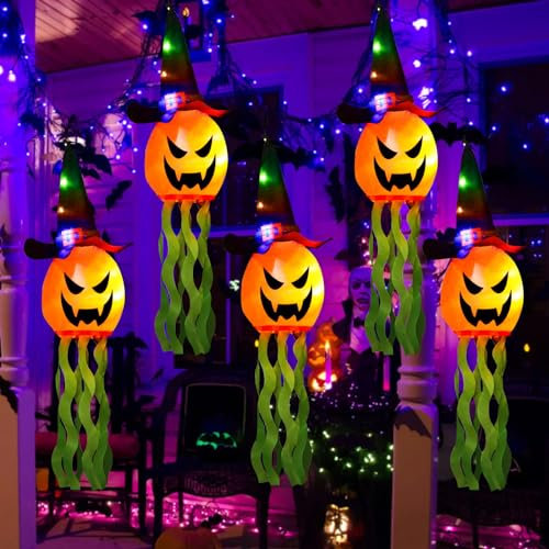 5 Stück Halloween Deko LED,Halloween Kürbis Licht Mit Hexenhut,Halloween Windsack,Helloween Dekoartikel Outdoor,Halloween Lichterkette für Garten/Hof/Freien