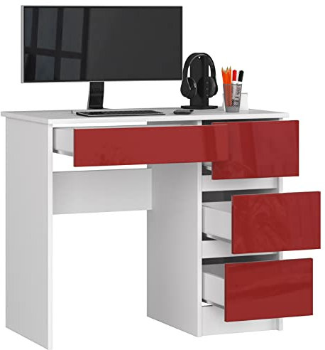 BDW Büroschreibtisch mit 4 Schubladen - Gamingtisch – Gaming Desk - Computertisch - Gaming Tisch – Gaming Schreibtisch - Kleiner Schreibtisch 90x77x50cm - Weiss/Rot Glänzend