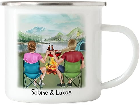 Kiddle-Design Camping Emaille Tasse Pärchen Paar Zelten Wohnmobil Womo Van Camper Wohnwagen Personalisiert Geschenk für Camper mit Name