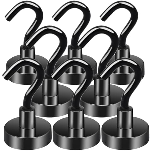 MIN CI 8pcs Black Magnetic Hooks - Heavy Duty 35lbs, Neodymium Strong Magnets with Hooks, for Cruise Cabins, Fridge, Kitchen, Workplace