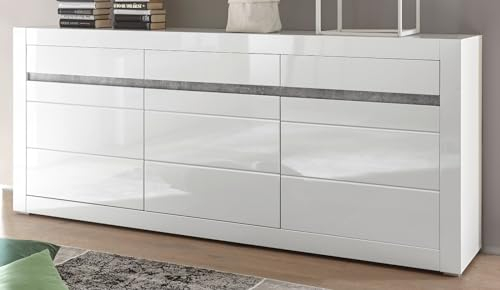 Sideboard Kommode in weiß Hochglanz und grau Stone Design Wohnzimmerschrank Esszimmerschrank Anrichte 217 x 90 cm Nobile (Sideboard)