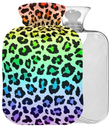 MCHIVER Wärmflasche mit Bezug, Regenbogen, Leopardenmuster, 2 l, groß, für Schmerzlinderung, Nacken, Schultern, Kopfschmerzen